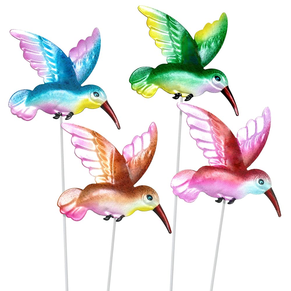 Haohai 4 Pcs Hummingbird Garden Metal Stakes Set, 14 Inch Tall Hummingbird Decor, Metal Bird Decorative Garden Stakes for Lawn Pathway Patio Plant Pot Flower Bed (Colors)