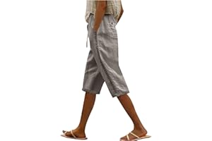 Womens Linen Shorts Casual Knee Length Bermuda Short Pant with Hollow Side Summer Beach Lightweight Capri Pants Slacks