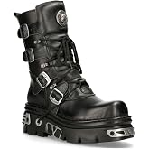 New Rock 373-S4 Metallic Black Leather Men's Gothic Mid Calf Punk Goth Boots with Lace up and Buckle Fastening