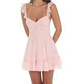 Women Fairy Lace Mini Dress Y2k Floral Sheer Mesh Ruffle Short Dress Open Back Tie-up A Line Party Dresses