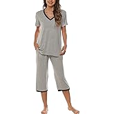 JINSHI Women's Pajamas Set Short Sleeve Top and Capri Pants Lightweight Sleepwear Comfy Pjs Lounge Set with Pockets