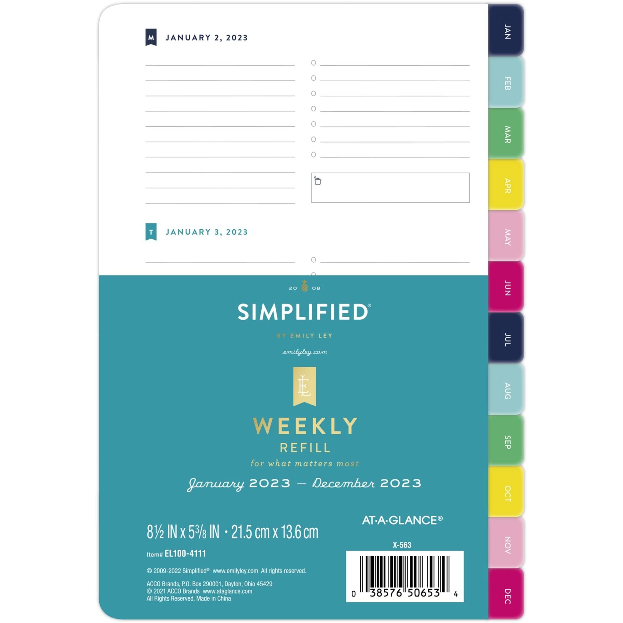 AT-A-GLANCE 2023 Weekly Refill, Simplified by Emily Ley, 5-1/2" x 8-1/2", Desk Size, Monthly Tabs (EL100-4111)