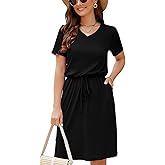 HUSKARY Women Summer Casual Midi Dresses Short Sleeve V Neck Drawstring Knee Length T Shirt Dress with Split and Pocket