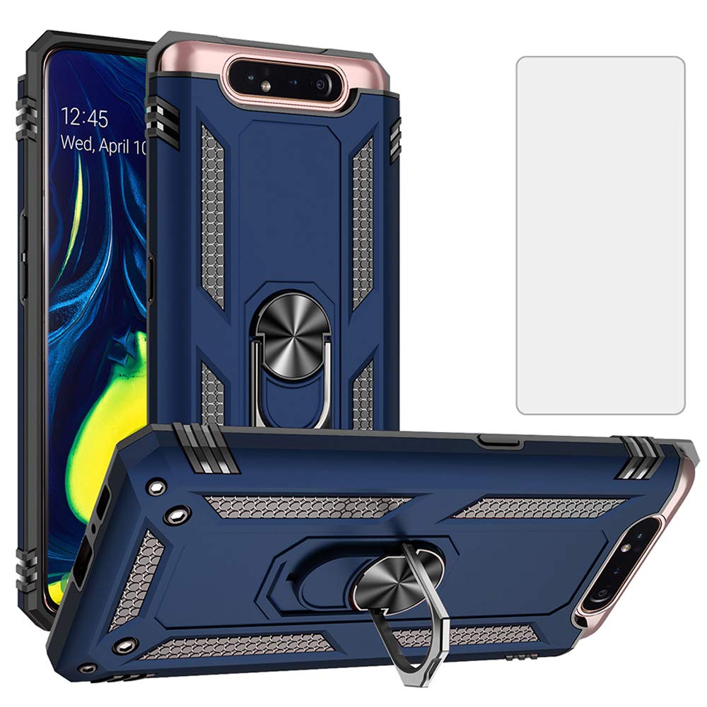 Phone Case for Samsung Galaxy A80/A90 with Tempered Glass Screen Protector Cover and Stand Ring Kickstand Holder Hard Shockproof Heavy Duty Silicone Rugged Accessories 80a a 80 galaxya80 Girlie Blue