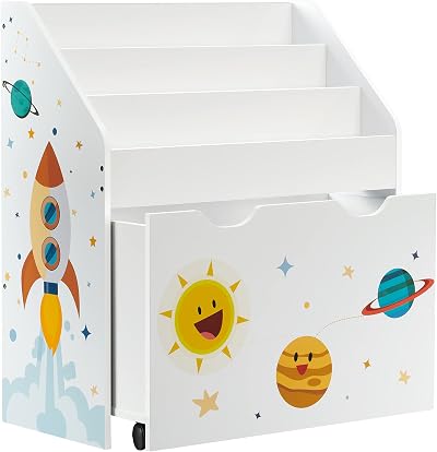 SONGMICS Toy Organiser 3 Shelves Children Bookshelf with Wheels White GKR41WT