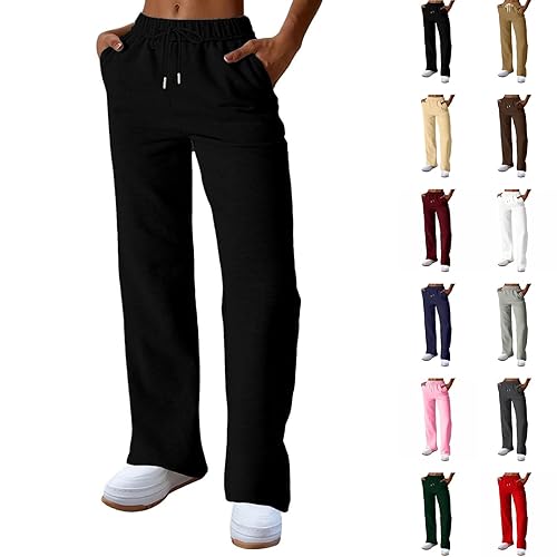Leggings with Pockets Women,Joggers for Women UK Fashion Plus Size Elasticated Waist Wide Leg Sweatpants Trousers Winter Ladies Drawstring Bottoms Pants with Pocket S-3XL,Waterproof Leggings,S Black