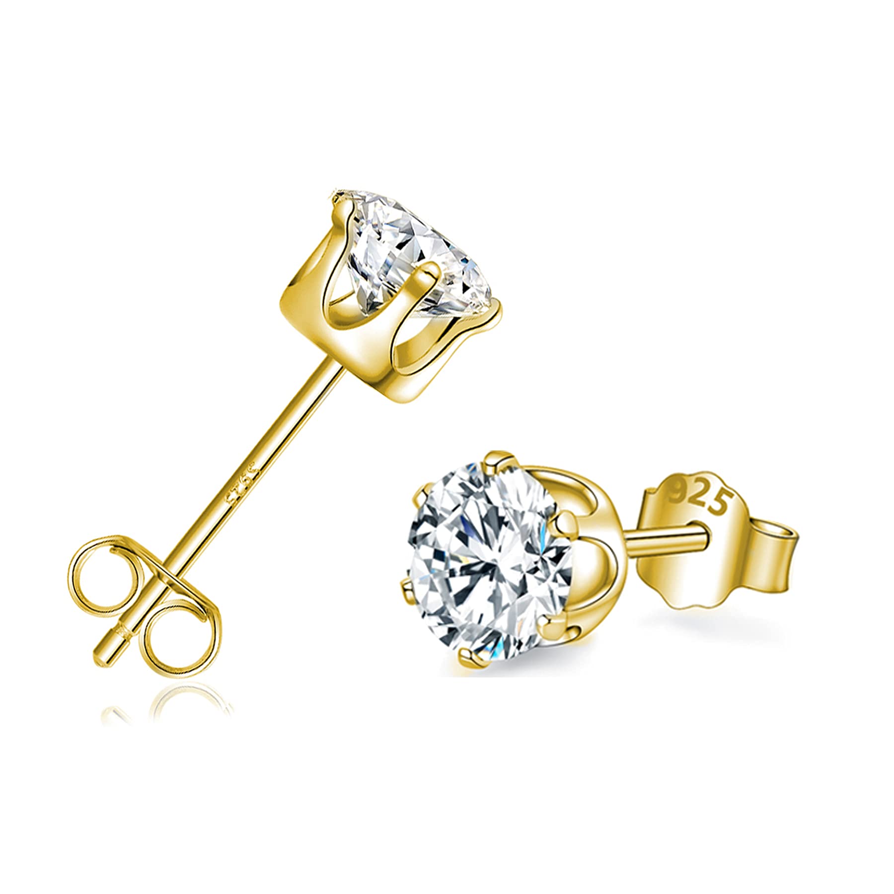 Sterling Silver Stud Earrings for Women and Men, 18K Gold Cubic Zirconia Studs, Hypoallergenic 4mm Small Earrings for Girls and Children