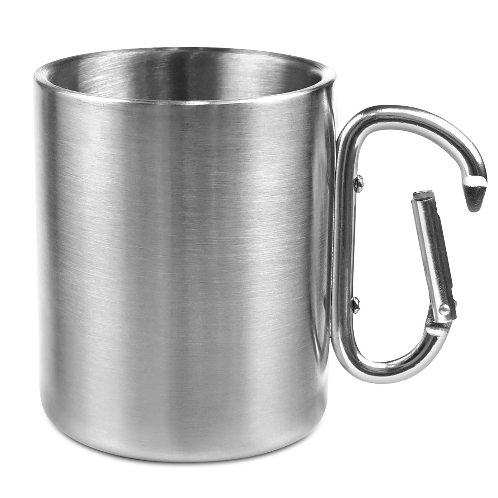 Double Walled Carabiner Camping Mug 300ml Stainless Steel Camping Cup Outdoor Mug Metal Cup with Screwed Carabiner Handle for Travel Hiking Trekking (Silver)
