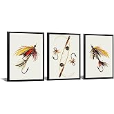 KREATIVE ARTS Framed Fishing Lure Wall Art Set – 3-Piece Fly & Hook Prints with Black Frame, Rustic Decor for Cabin, Man Cave, Lodge, Lake House, Tackle Room, Fisherman Gift – 12x16