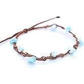 Handmade Larimar Small Crystal Bracelet (6.5-7.5'') - Hand Braided, Natural Healing Crystal Chips, Adjustable, Waterproof, Chakra Beaded - Unusual Jewelry for Women, Girl & Friendship from PusSoul