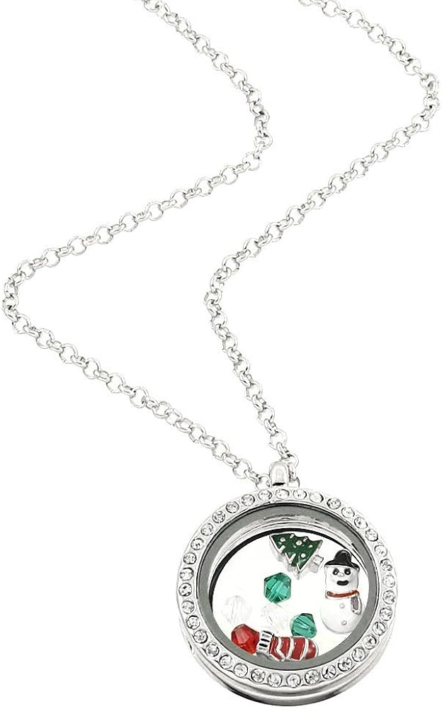 Christmas Themed Floating Charms Rhinestone Glass Cover Locket Pendant Silvertone