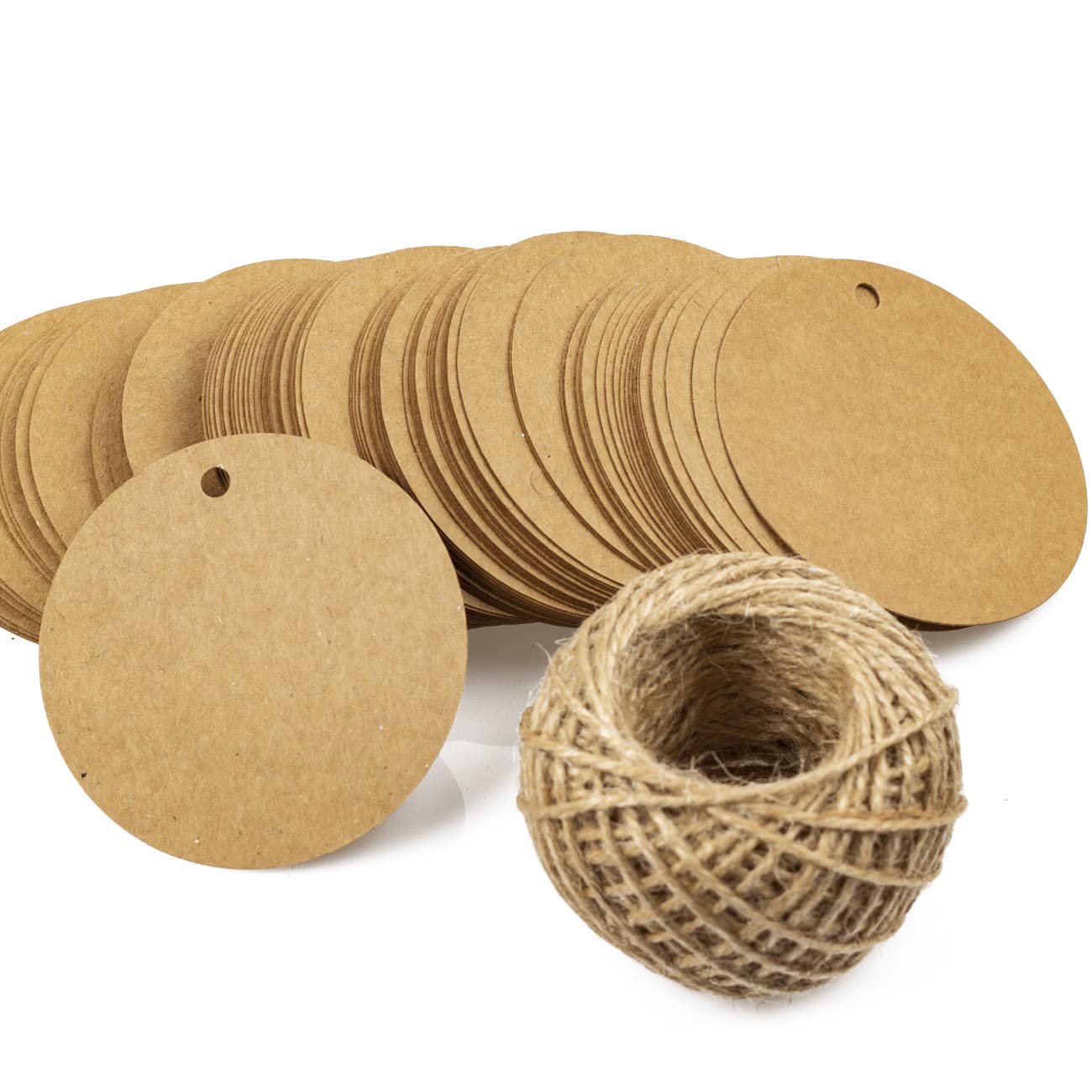 Photo 1 of 2.75"/7cm Kraft Paper Gift Tags with Jute Twine, 100pcs Blank Round Shaped Hang Tags for Christmas Holiday Gifts Wedding Favors Art Craft (Brown) x2