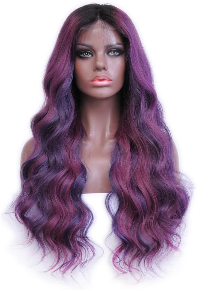 Ombre Human Hair Lace Front Wig 180Density Brazilian Glueless Ombre Purple Pink Color Balayage Style Lace Front Wigs With Baby Hair For Women (22 inch)