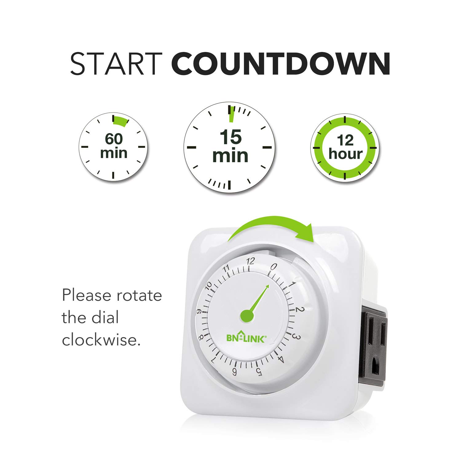 BN-LINK 12 Hour Mechanical Accurate Countdown Timer with Grounded Pin - Energy Saving for Kitchen, Phone Charger, Lamps, Security 1875W, 1/2 HP, ETL Listed: Industrial & Scientific