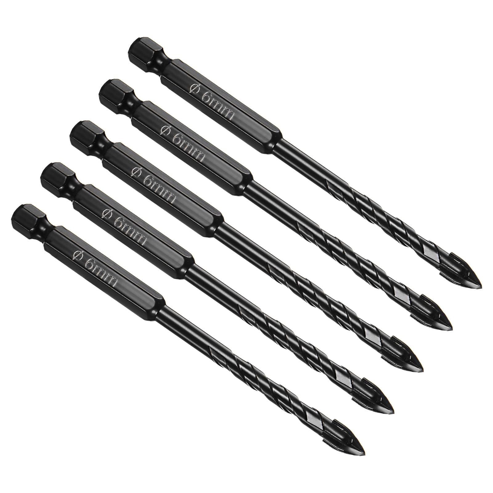 CoCud Masonry Drill Bit, 6mm Cutting Dia 100mm Length 1/4" Hex Shank Carbide Cross Tip Concrete Drill Bit Set Black - (Applications: for Wood Glass Brick Cement), 5-Pieces