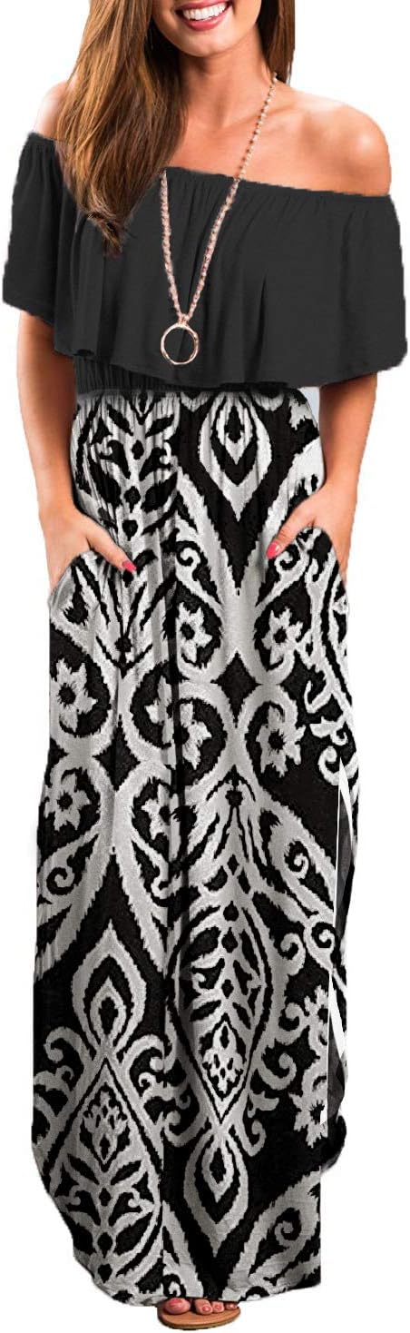 Womens Off The Shoulder Maternity Maxi Dress Casual Side Split Beach Maxi Dresses with Pockets