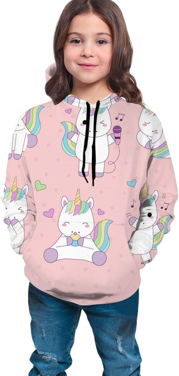 Boys Girls Hoodies Pullover Unisex 3D Unicorns Kawaii Pink