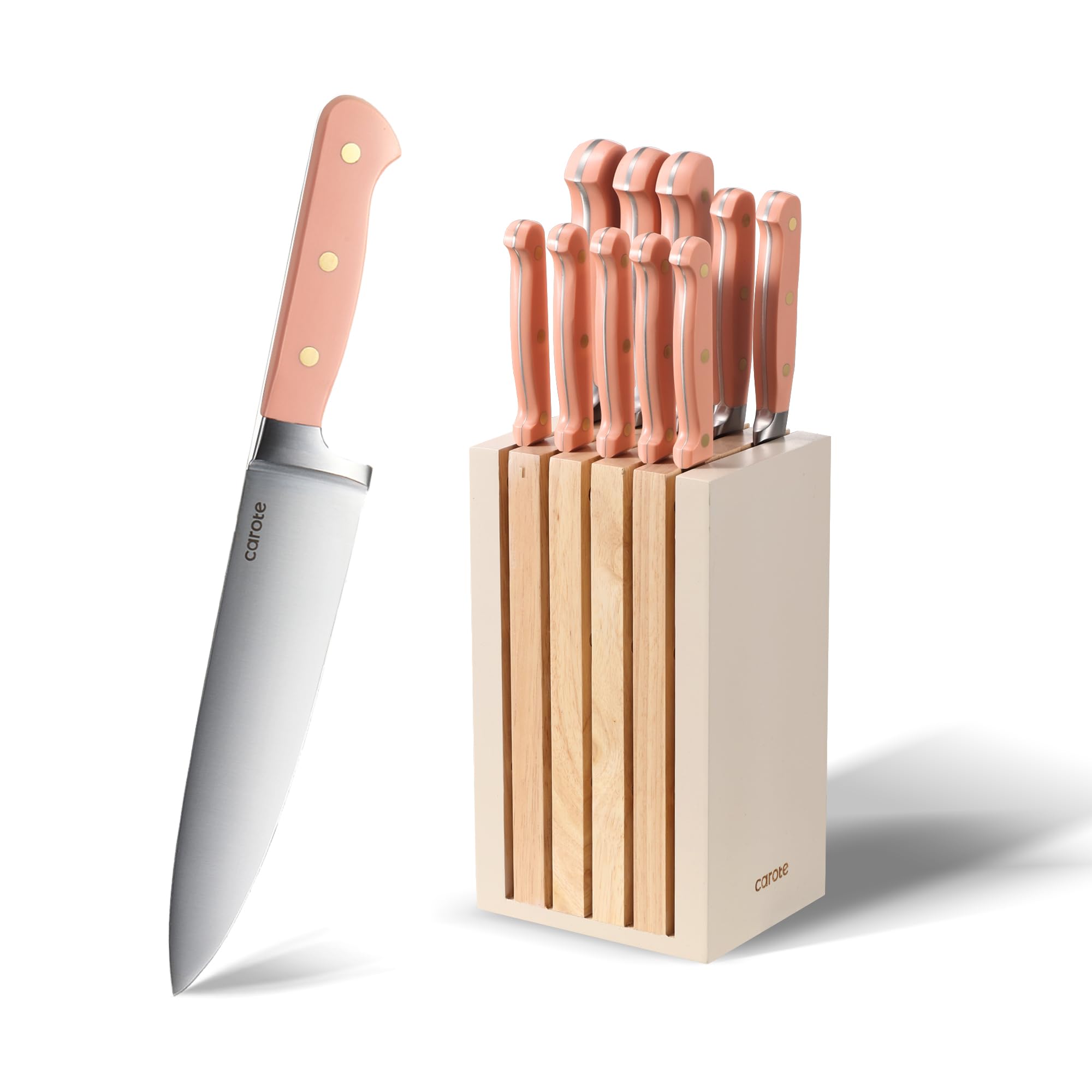Photo 1 of CAROTE 11 Pieces Knife Set with Block for kitchen, Stainless Steel Razor-Sharp Blade, Triple Riveted Ergonomic Handle, Wooden Magnetic Block, Essential Knife Block Set, Pink