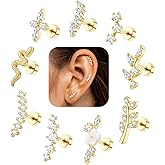 Cartilage Earrings for Women Flat Back - Hypoallergenic Surgical Stainless Steel Stud Earring Set for Sensitive Ears CZ Daith Conch Tragus Helix Piercing Jewelry 9Pcs 16G 18G