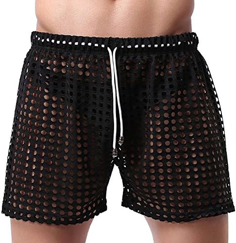 Comfylady Mens Mesh Hollow Openwork Drawstring Lounge Underwear Boxers Shorts Trunks (US M, Black)