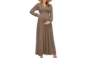 OUGES Fall Maternity Maxi Dress Long Sleeve Wrap V Neck Baby Shower Pregnancy Dresses for Photoshoot Maternity Clothes