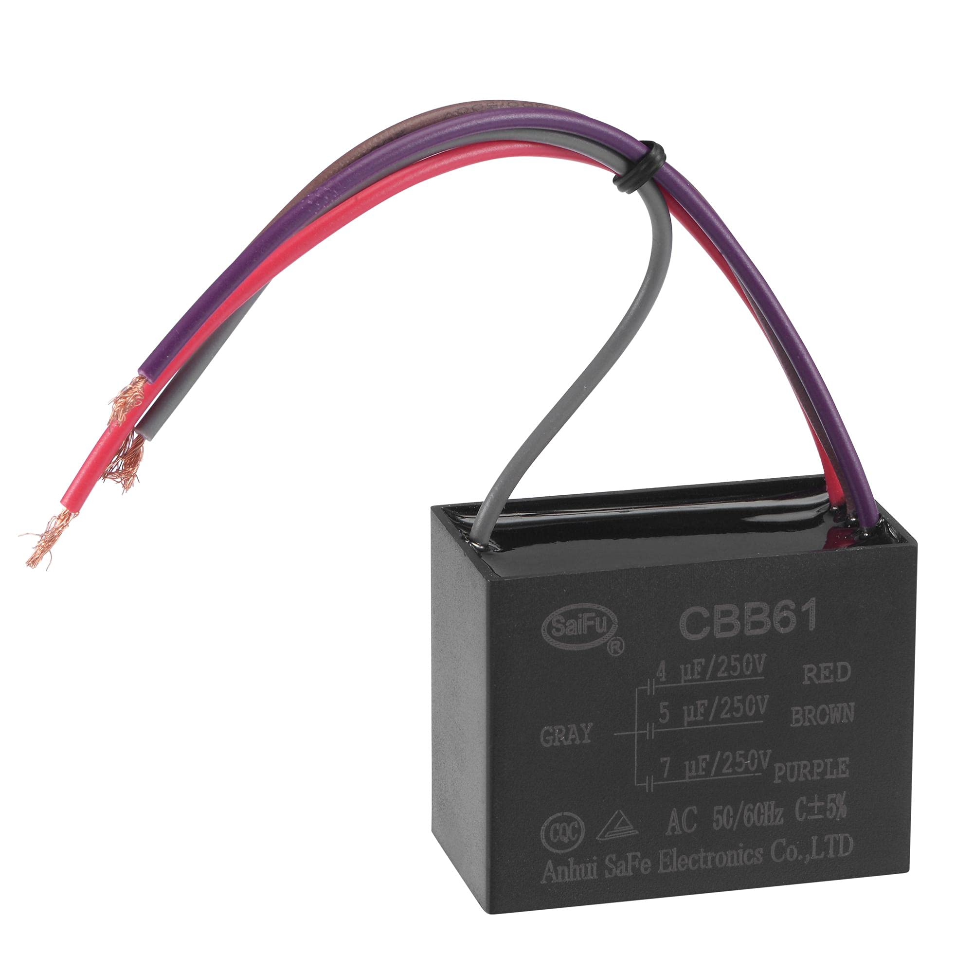 sourcing map Ceiling Fan Capacitor CBB61 4/5/7uF 250V AC 4 Wires Metallized Polypropylene Film Capacitor 48x38x26mm for Electric Fan Pump Motor Generator