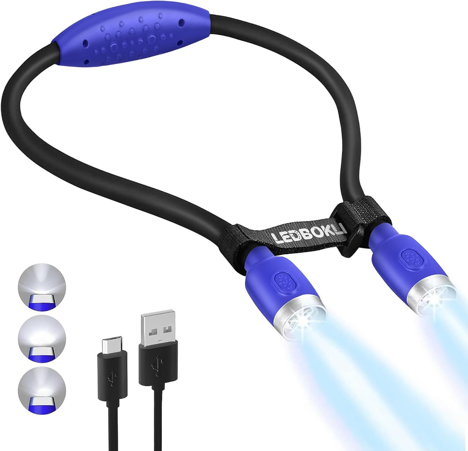 LEDBOKLI Updated Neck Light for Knitting, Portable Book Light for Reading in Bed with 4 Brightness Levels, Flexible Comfortable Soft Silicone Arms, Perfect for Craft, Knitting, Repairing (Blue)
