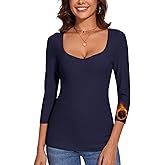 WOWENY Womens 3/4 Sleeve Sweetheart Neck Thermal Shirts T Shirts Underwear Tops Basic Fitted Tees Warm Base Layer