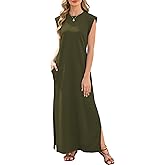 Enaisyl Maxi Dresses for Women Round Neck Loose Casual Maxi Sundresses with Sleeves Casual Summer Split Dress with Pockets Army Green