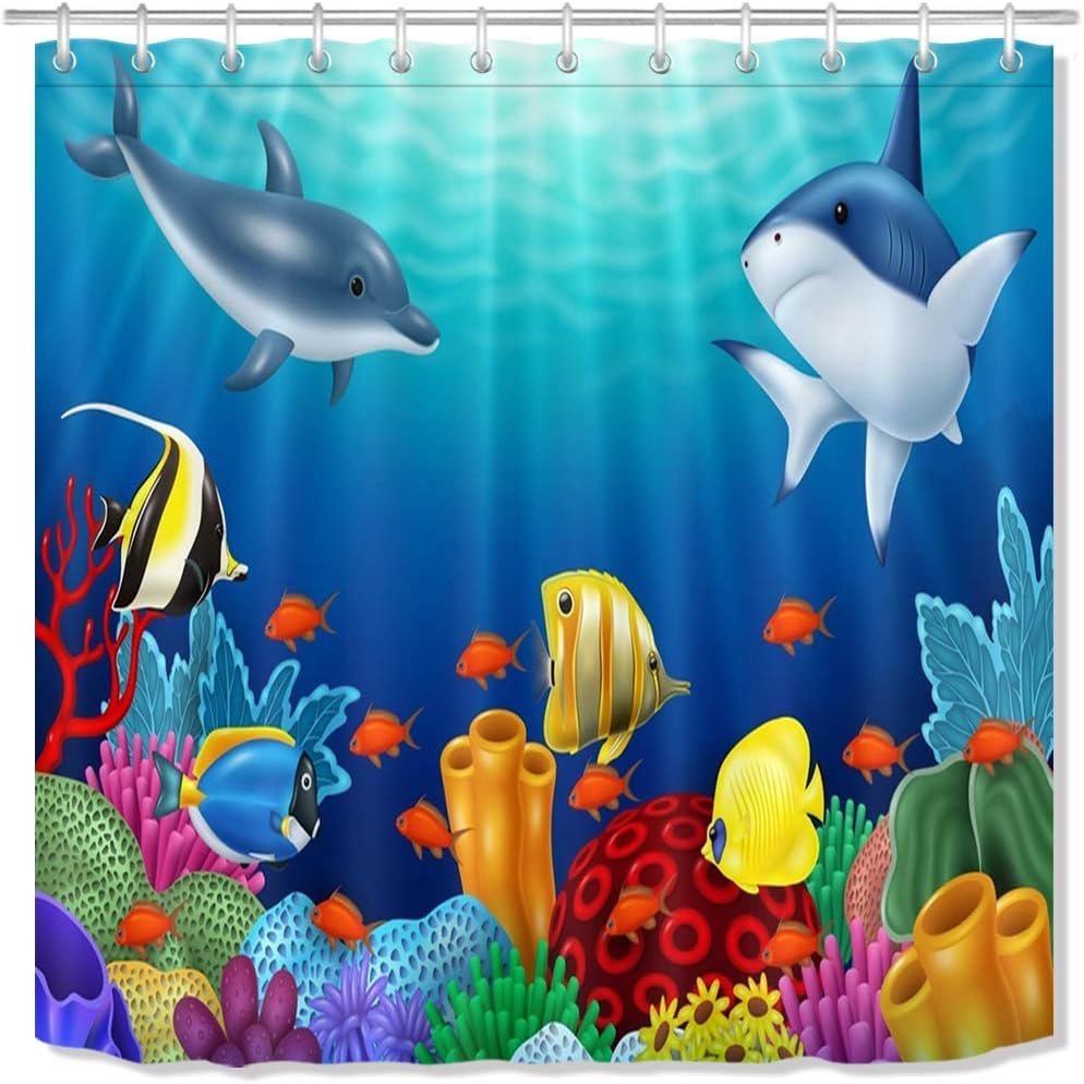 N\A Cortina de Ducha con Delfines Blue Ocean con Ganchos, Peces de