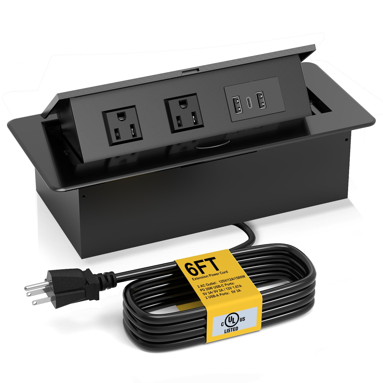 Photo 1 of UL Listed Recessed Power Strip, Pop Up Power Cover Box Desktop Socket with PD 20W USB C Charging Ports, Stainless Steel Receptacle Outlet for Conference Room Countertop (Black-USB C)