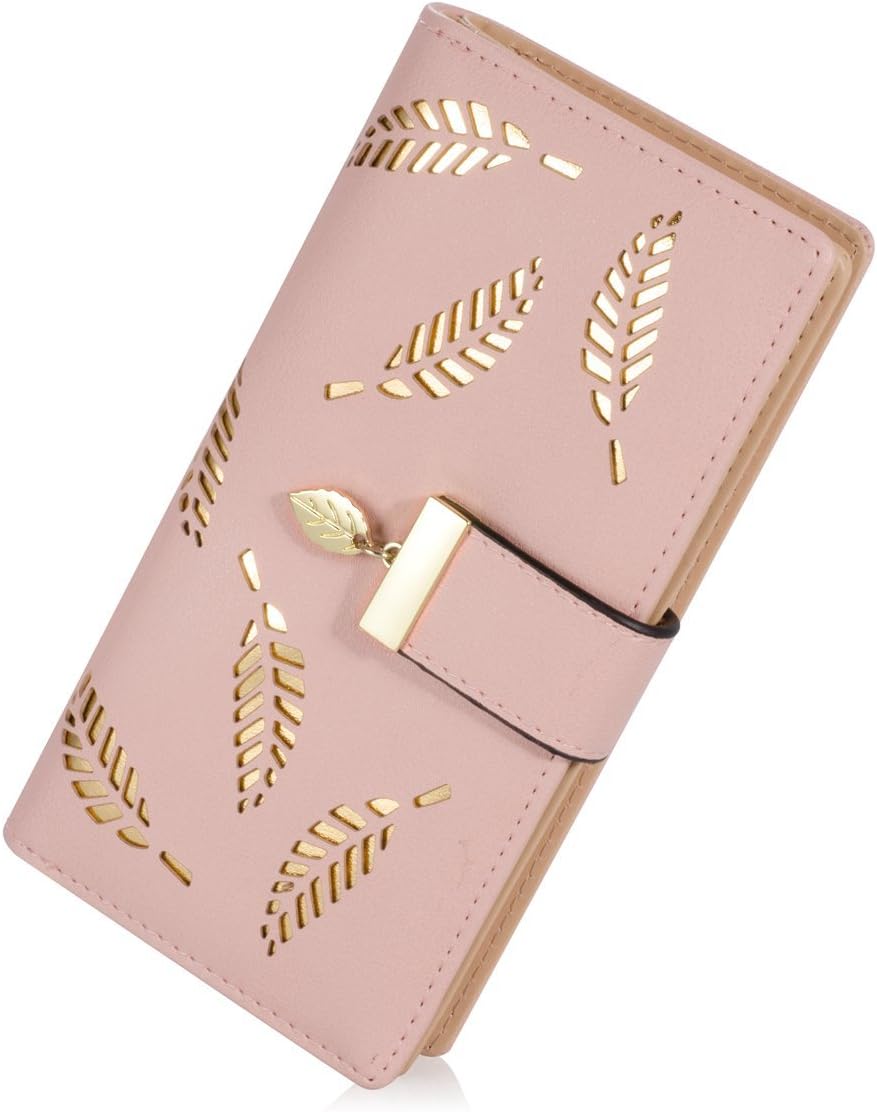 SKUDGEAR Women's Long Leaf Designed Bi-Fold RFID Blocking Wallet Elegant Buckle Clutch Purses