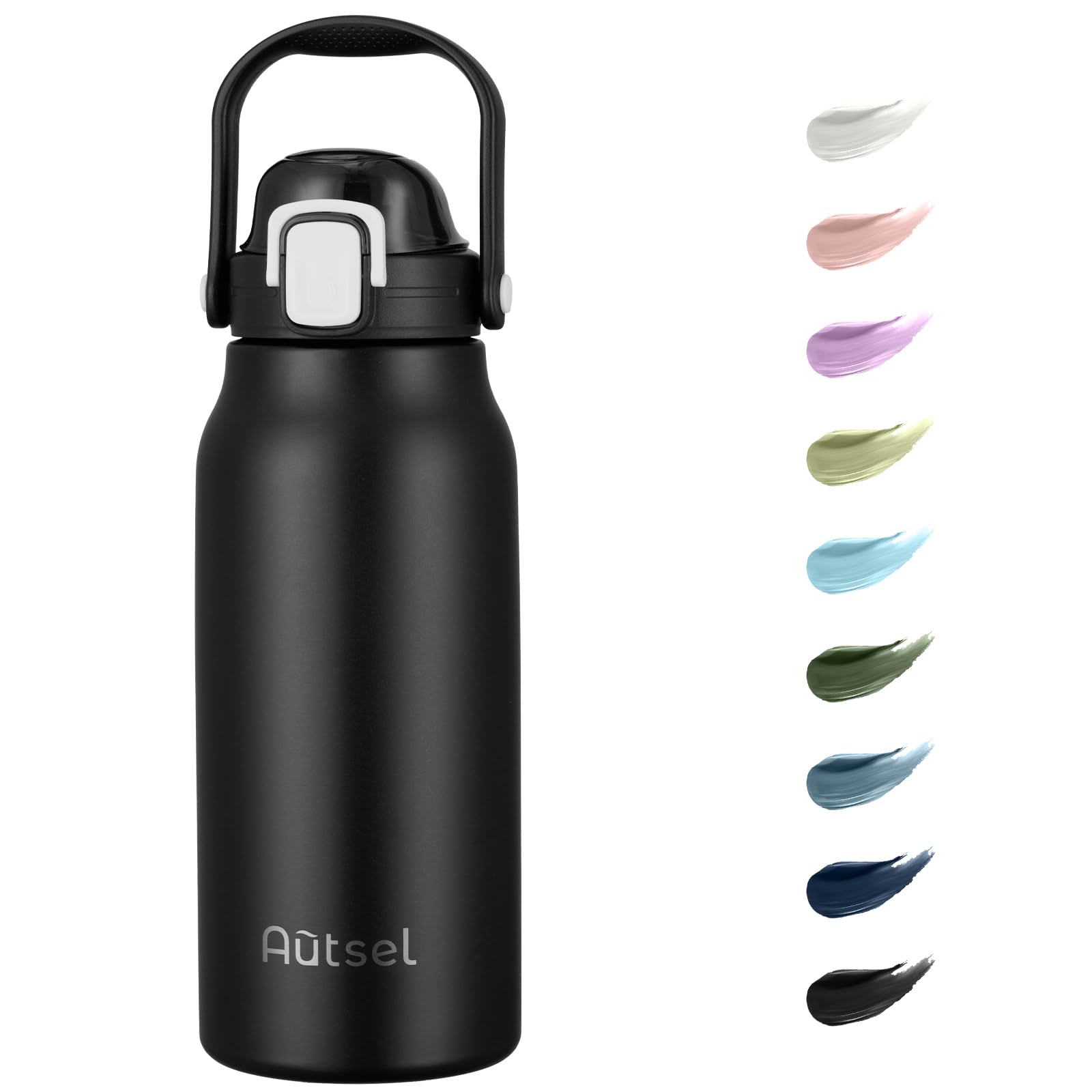 Autsel 1.7L Stainless Steel Water Bottle with Straw - Large Metal Flask with Handle - Double Walled Insulated Sports Bottle - Leakproof for Gym Sports, Black — image 1