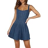 Wenrine Women's Summer Tank Denim Mini Dress Casual Sweetheart Neck Adjustable Strap A Line Jean Dress