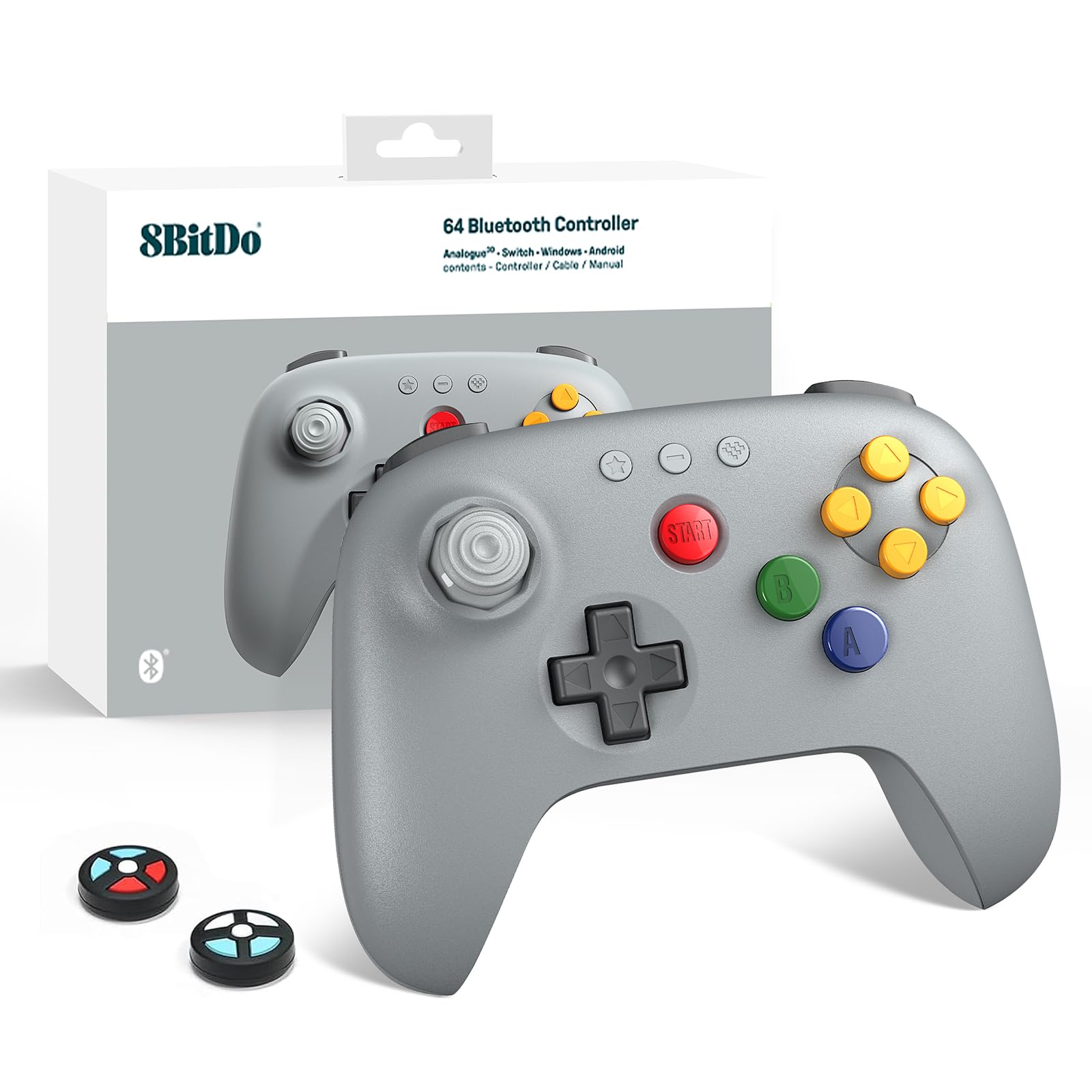 8Bitdo 64 Bluetooth Controller for Analogue 3D, Switch, Switch 2, Windows, Android – Hall Effect Joystick, Vibration, Turbo Function – Gray
