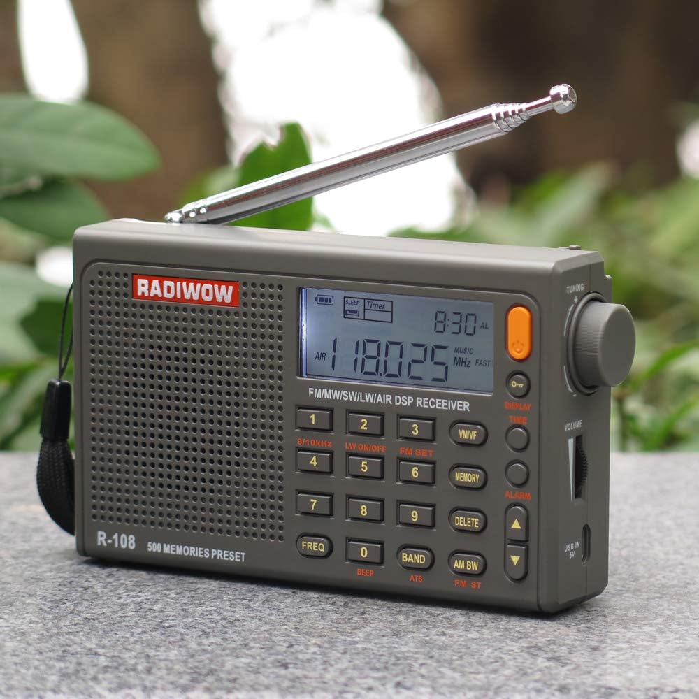 RADIWOW R-108 FM Stereo/LW/MW/SW/AIR Band/DSP Full Band Portable Radio with Headphones Jack and Antenna Jack, Sleep Timer and Alarm Clock, 500 Memories preset Stations (100 preset for Each Band).: Home Audio & Theater