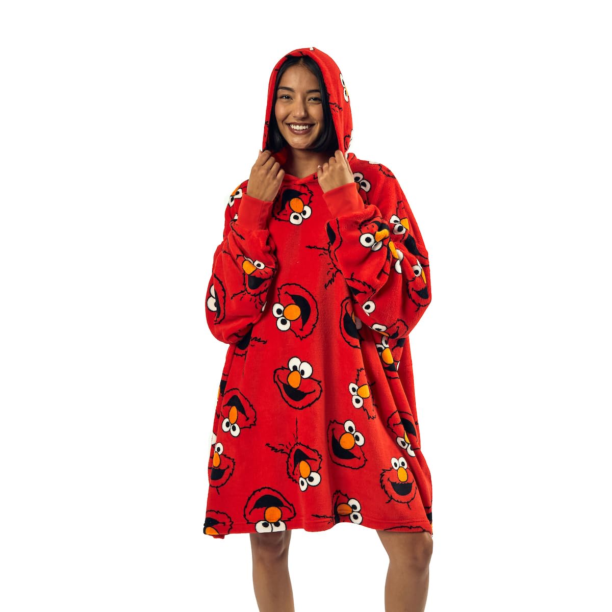 Photo 1 of **USED**Sesame Street Elmo Character Heads All-Over Print Red Long Oversized Hoodie Wearable Blanket-OSF XXL