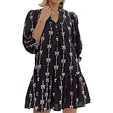 EZAPINE Women Puff Three-Quarter Sleeve Mini Dress Mock V Neck Babydoll Short Dress with Bow Print