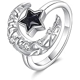 HUKKUN Star and Moon Open Ring 925 Sterling Silver Blue Sandstone Ring Galaxy Jewelry Gift for Women