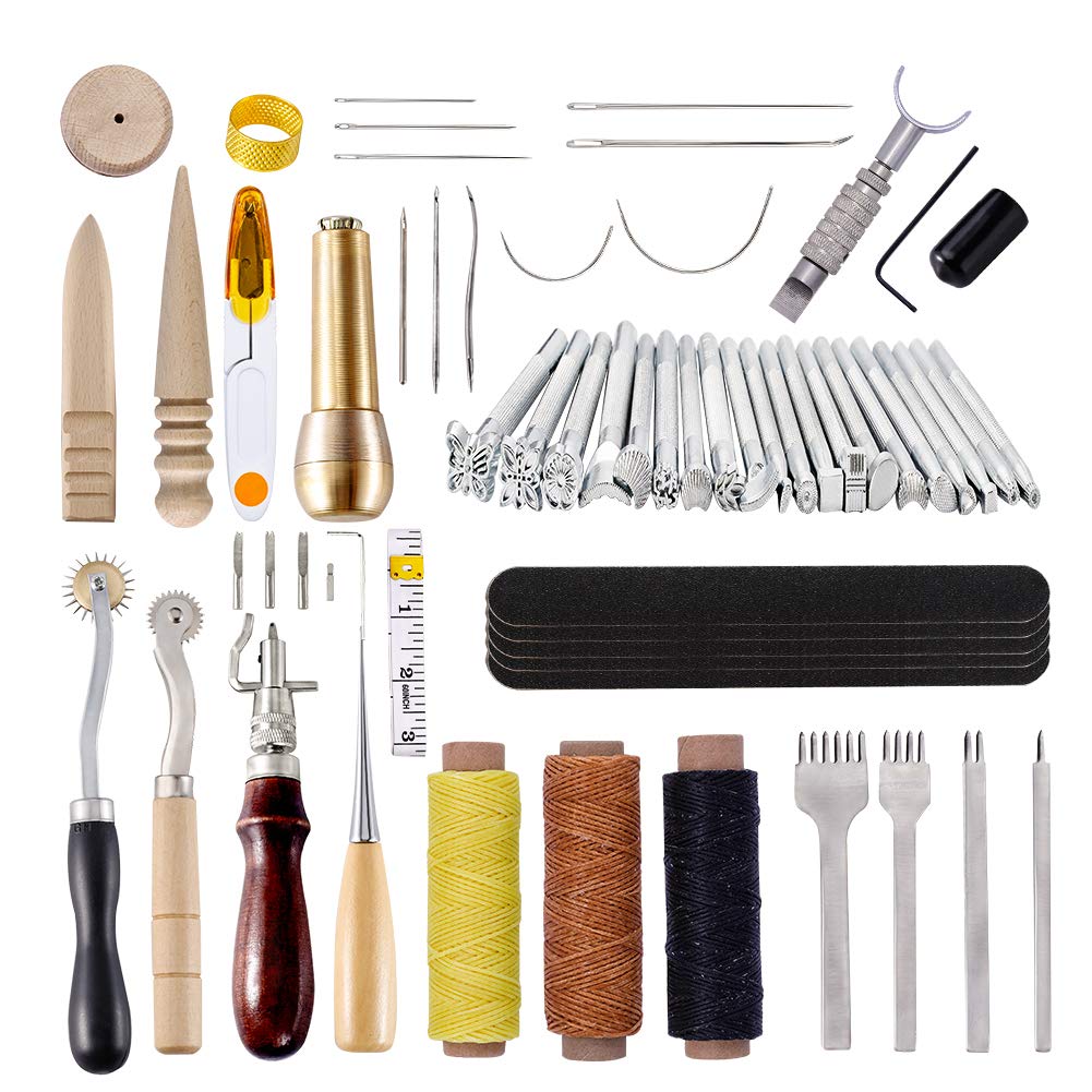 27 PCS Leather Carving Tool Kit, Leather Working Tools, Include 20 Leather Stamps Tools, 5 Wooden Ball Styluses Tool Set, Swivel Knife, Leather Working Hammer