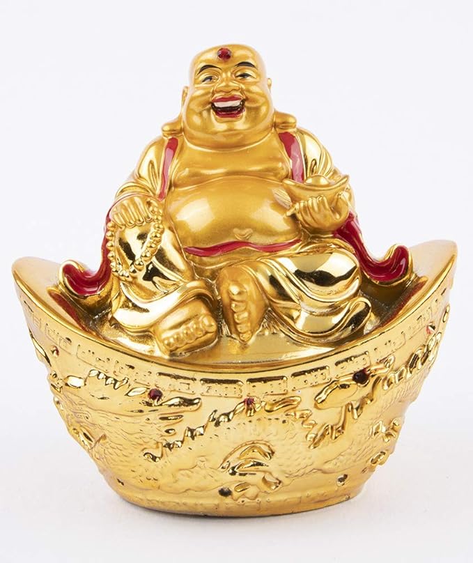 Laughing Buddha Sitting On Money Ingot for Wealth Good Luck at Home