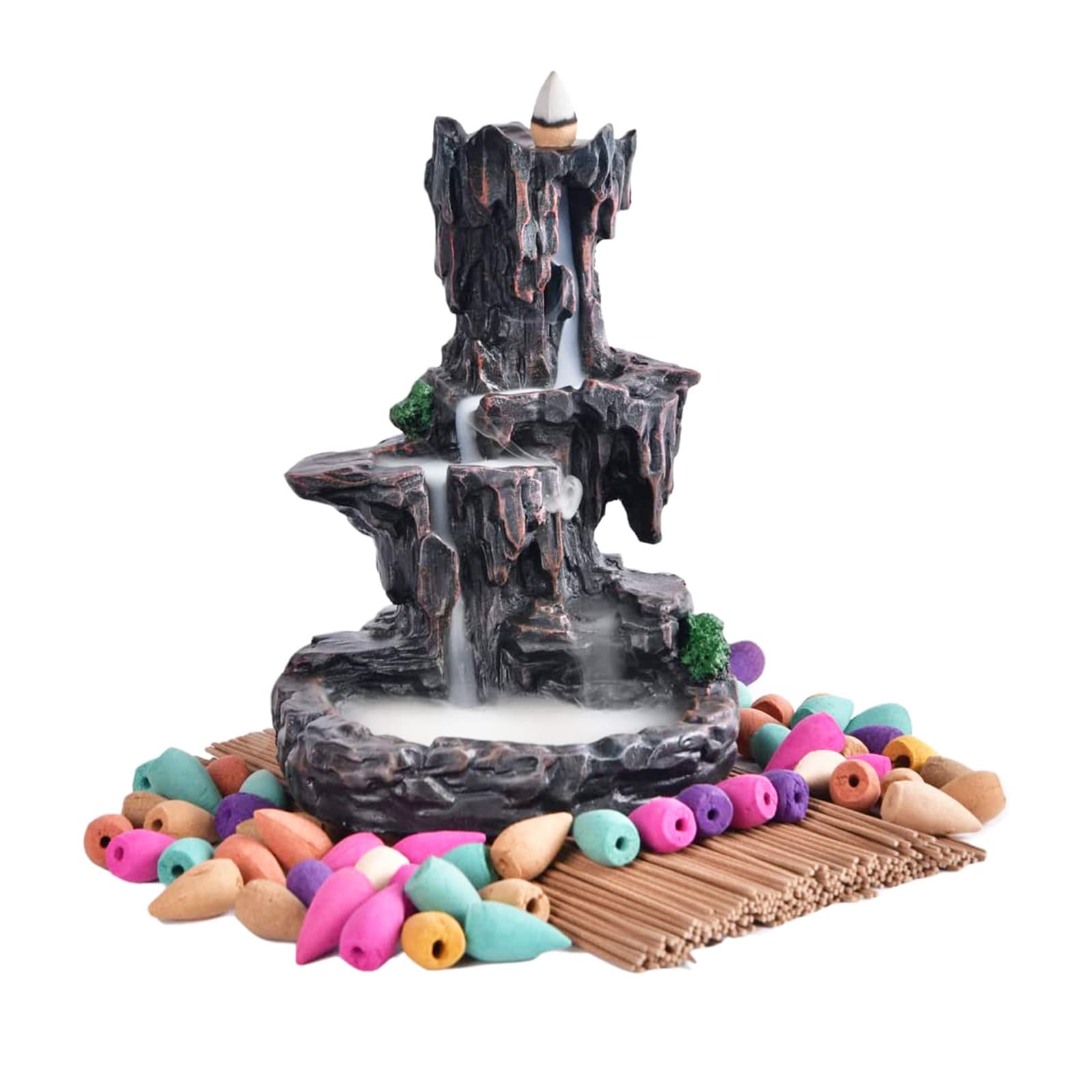 XUDREZ Mountain Waterfall Backflow Incense Burner, Home Decor Incense Holder Censer with 20pcs Incense Cones + 30pcs Incense Sticks