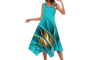 FONMA Summer Spring Dress for Women Casual Fashion Round Neck Sleeveless Dress Printed Slim Fit Irregular Midi Dress