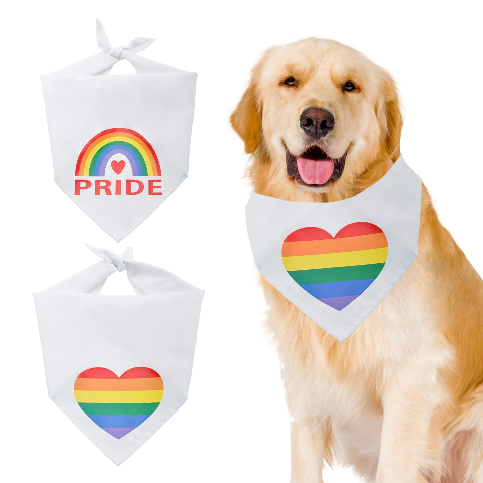 HACRAHO Rainbow Dog Bandana, 2 PCS White Rainbow Dog Bandana Cotton Pet Triangle Scarf with Heart Rainbow Pattern for Dogs Cats and Pride Month