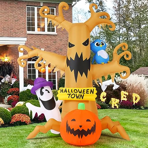 GOOSH 8 FT Halloween Inflatables Outdoor Dead Tree with Ghost, Pumpkin and Owl, Blow Up Yard Decoration with LED Lights Built-in for Holiday/Party/Yard/Garden