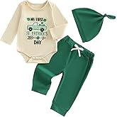 Kuriozud St Patricks Day Baby Boy Outfit First St Patricks Day Romper and Shamrock Pants Set with Hat 3Pcs Spring Clothes