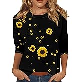 BTCOW Womens 3/4 Length Sleeve Tops Casual Round Neck Print Trendy Loose Fit Three Quarter Length T-Shirts