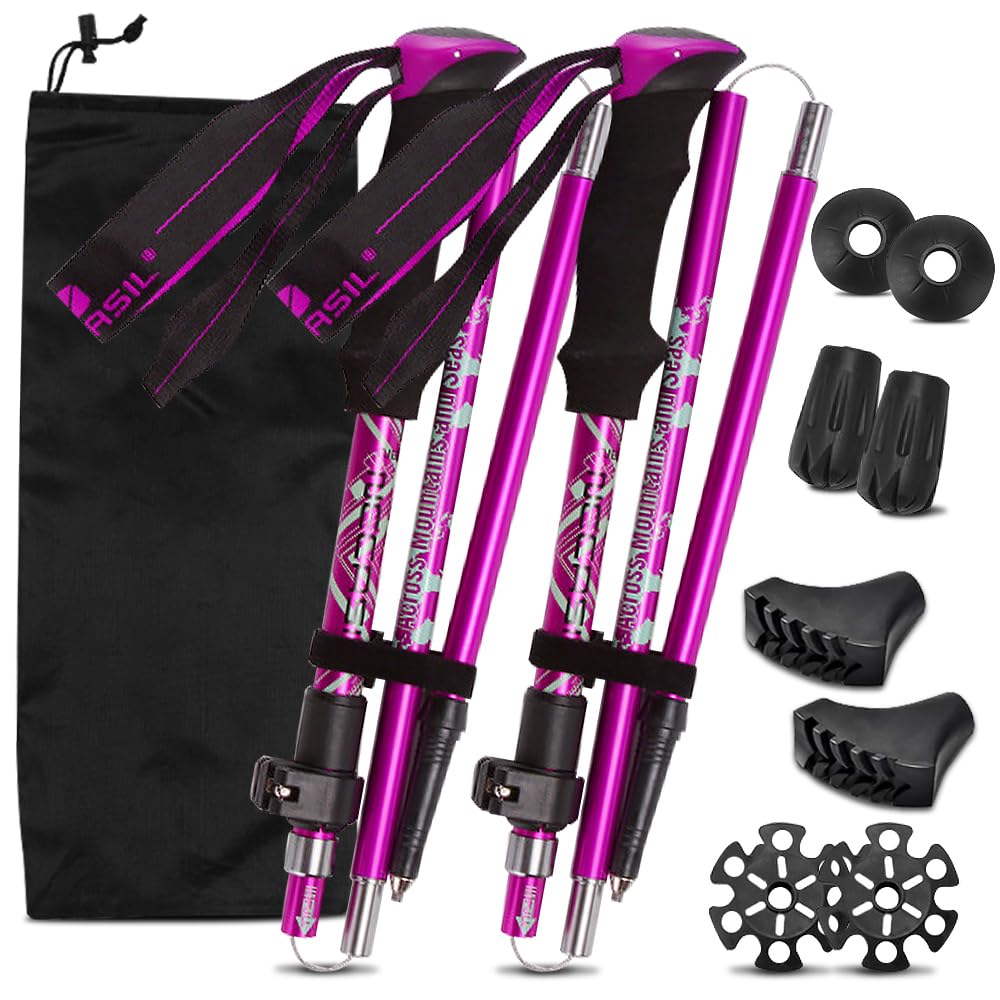 Walking Poles, 2 PCS Collapsible Hiking Poles, Foldable Trekking Poles110-125CM Adjustable,Telescopic, Ultralight Trekking Poles For Women Men Senior Backpacking, Hiking, Camping (Purple)