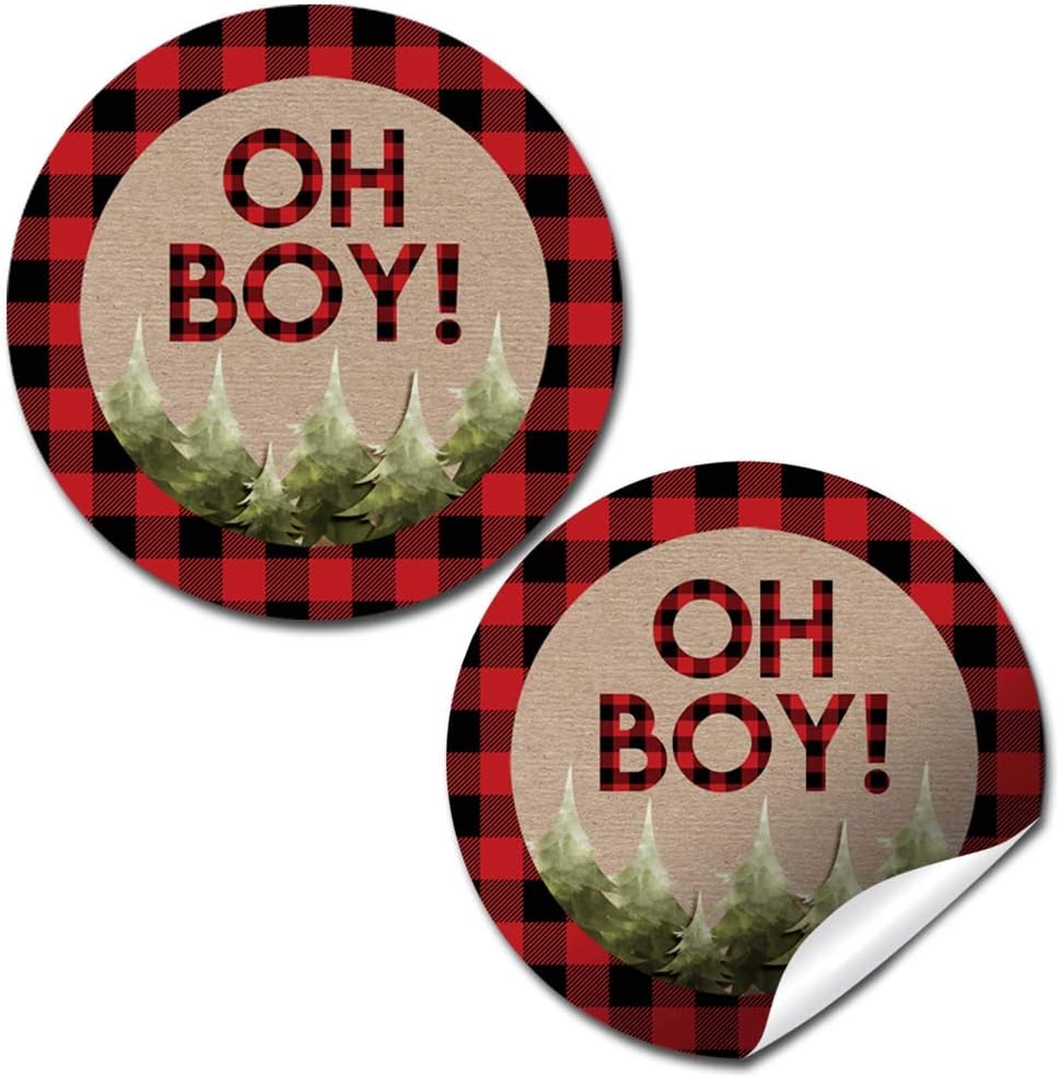 Oh Boy! Outdoorsy Red and Black Plaid Lumberjack Baby Sprinkle Baby Shower for Boys Thank You Sticker Labels, 40 2" Party Circle Stickers by AmandaCreation, Great for Party Favors, Envelope Seals & Go