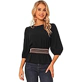 Allegra K Peplum Tops for Women's 3/4 Sleeve Smocked Waist Blouse